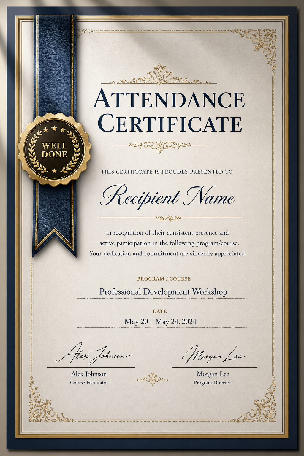 Attendance Certificate — photo-realistic style certificate