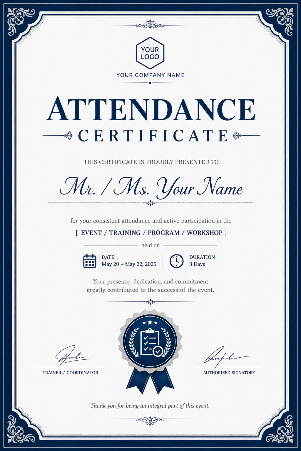 Attendance Certificate — corporate style certificate