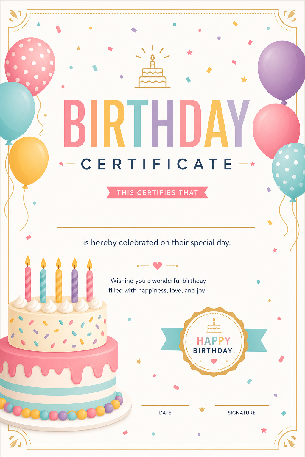 Birthday Certificate — modern style certificate, featuring balloons, birthday cake, candles, confetti, festive bright colors