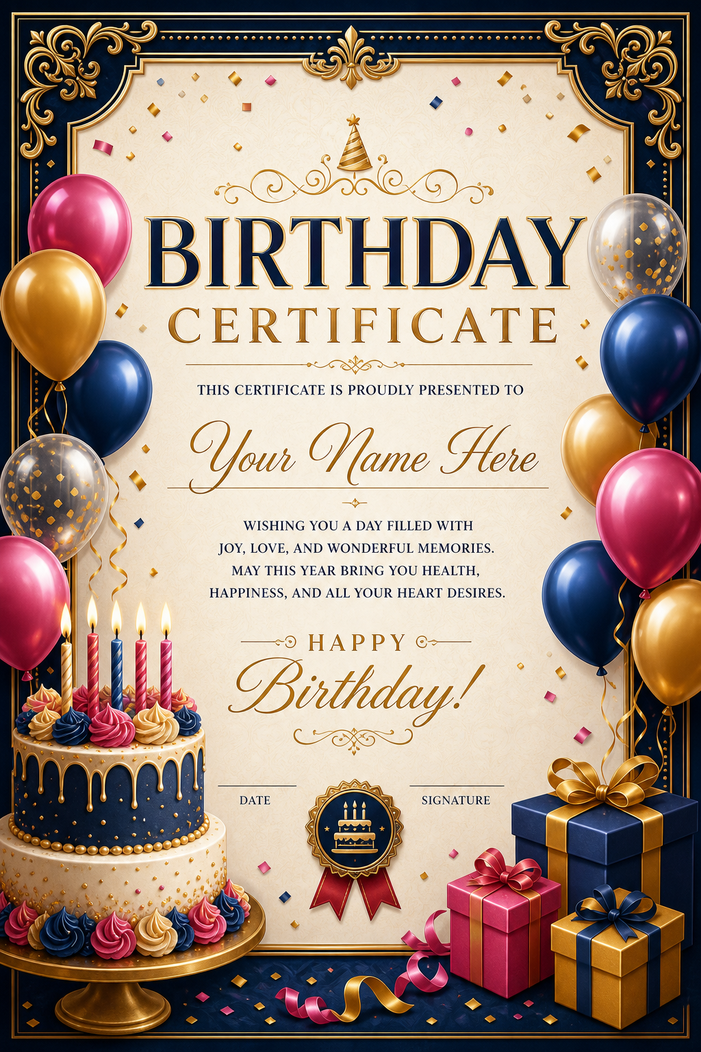 Birthday Certificate — elegant style certificate, featuring balloons, birthday cake, candles, confetti, festive bright colors