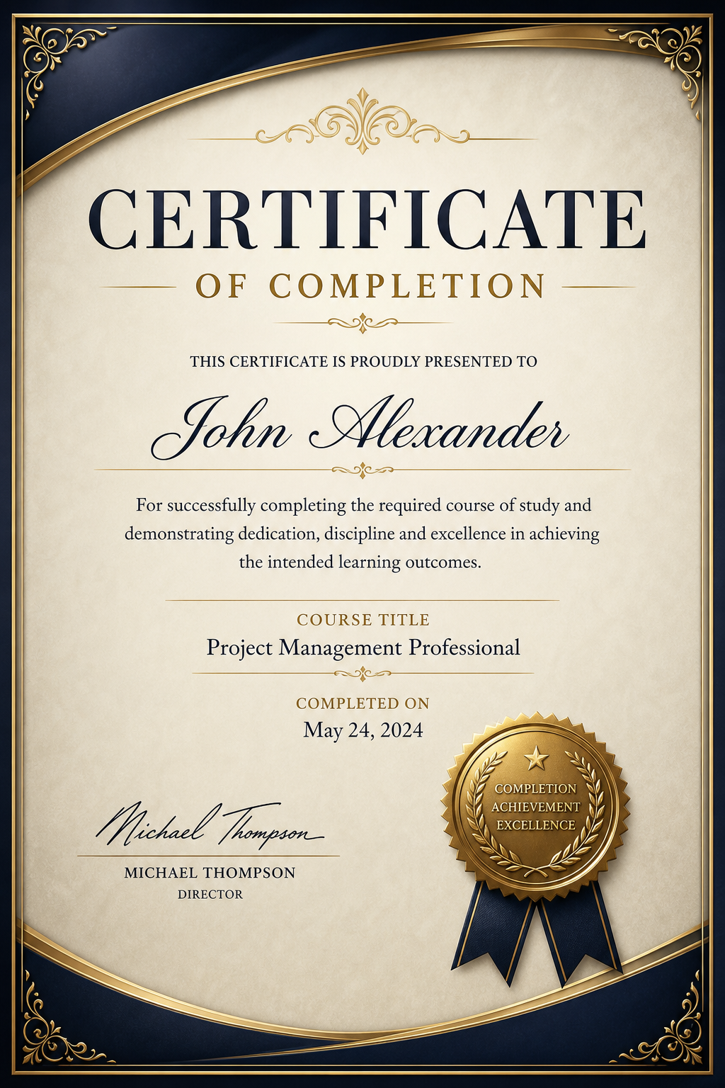 Completion Certificate — photo-realistic style certificate
