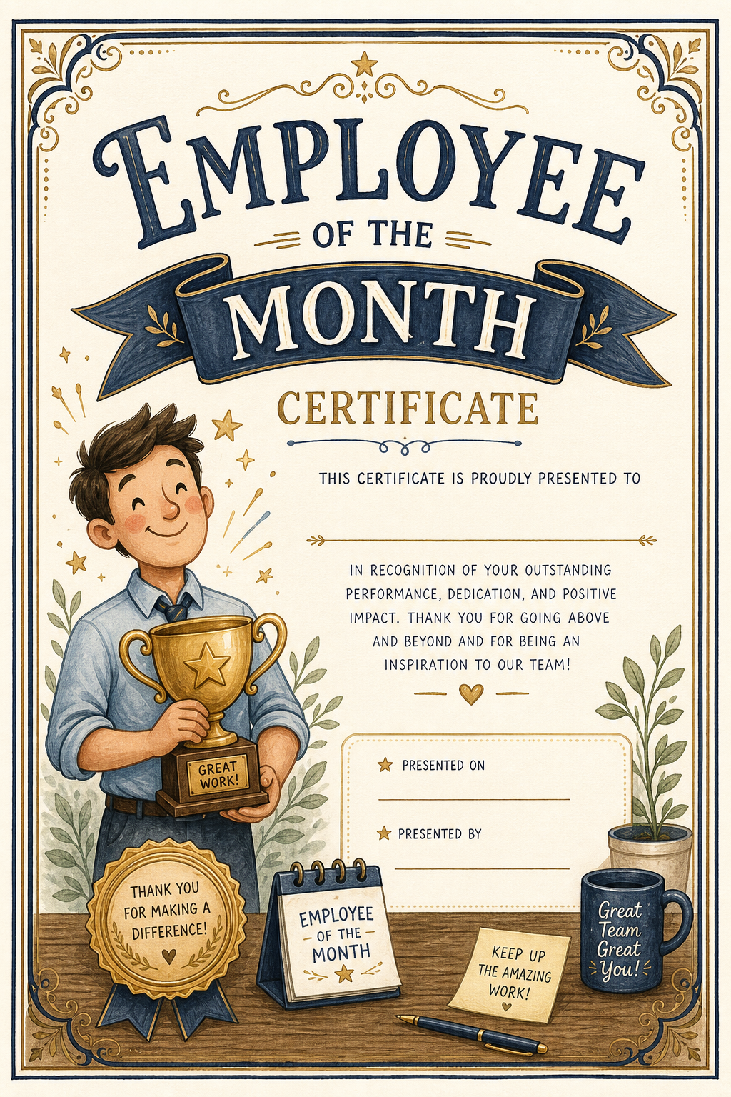 Employee of the Month Certificate — illustration style certificate