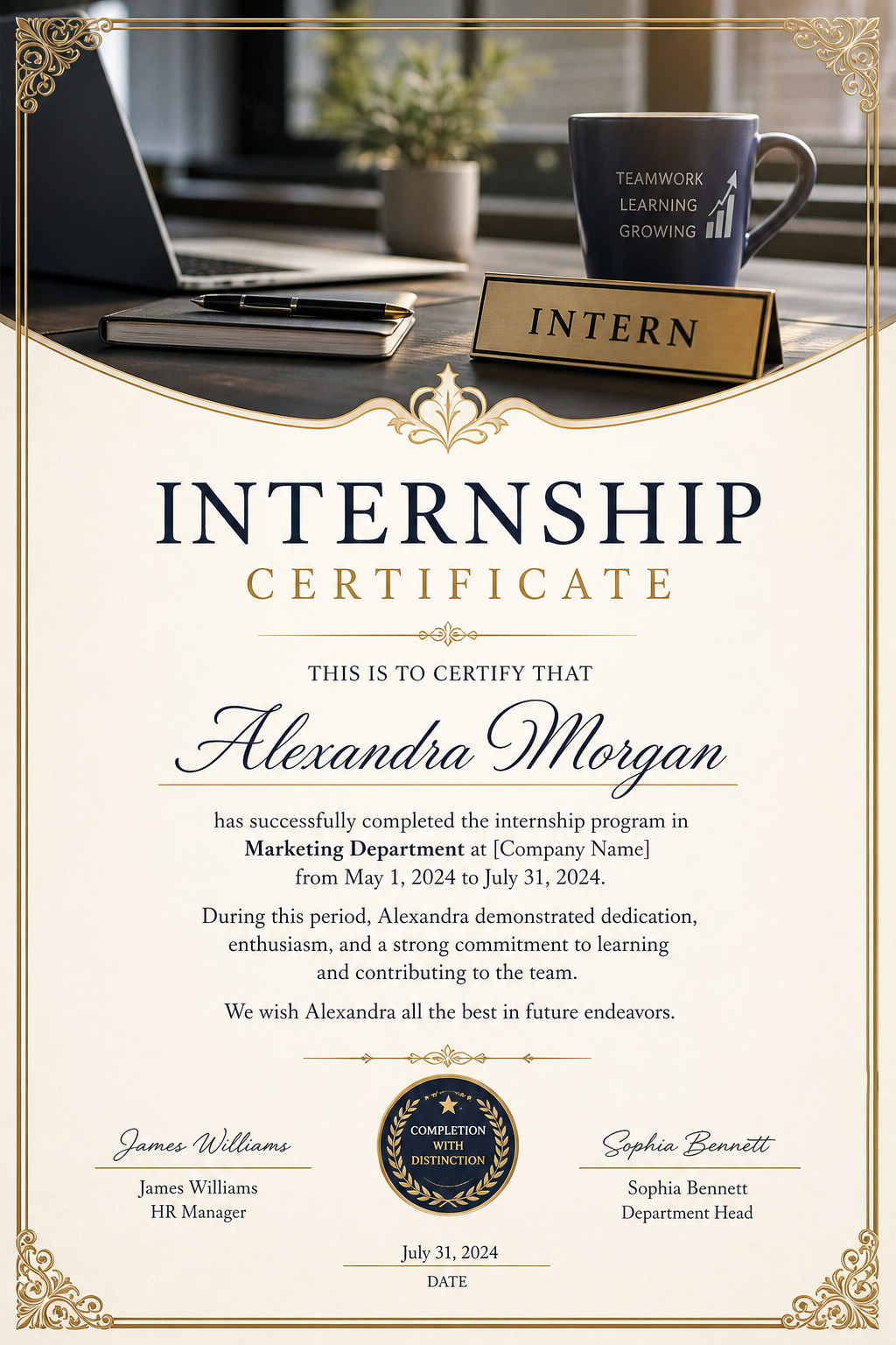 Internship Certificate — photo-realistic style certificate