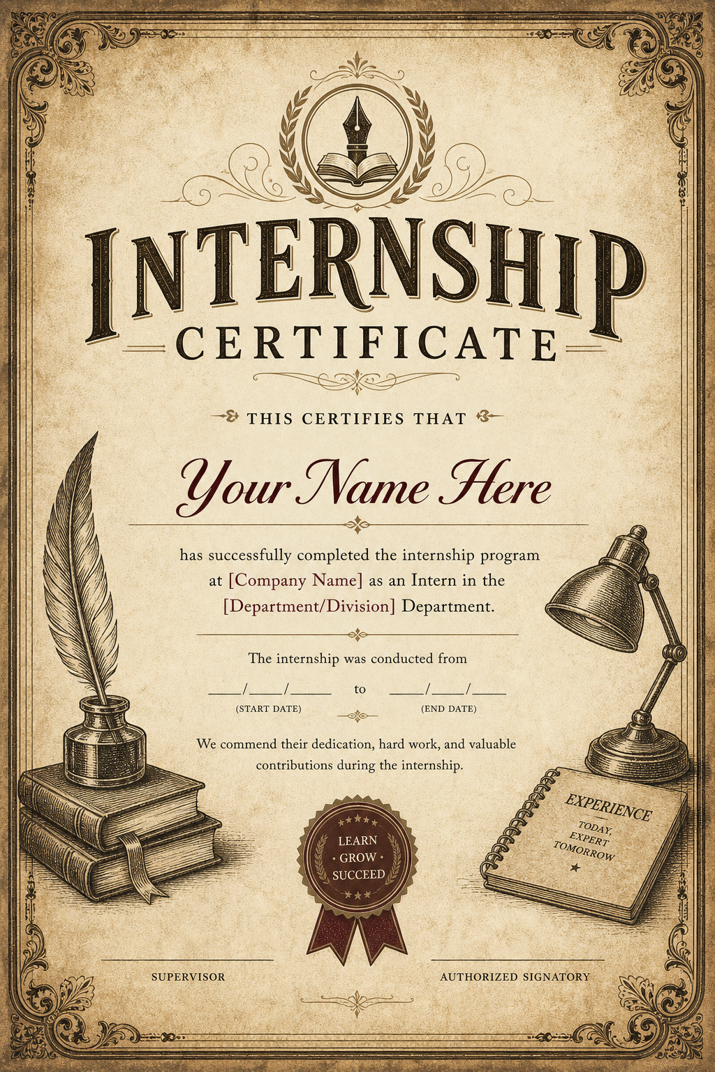 Internship Certificate — vintage style certificate