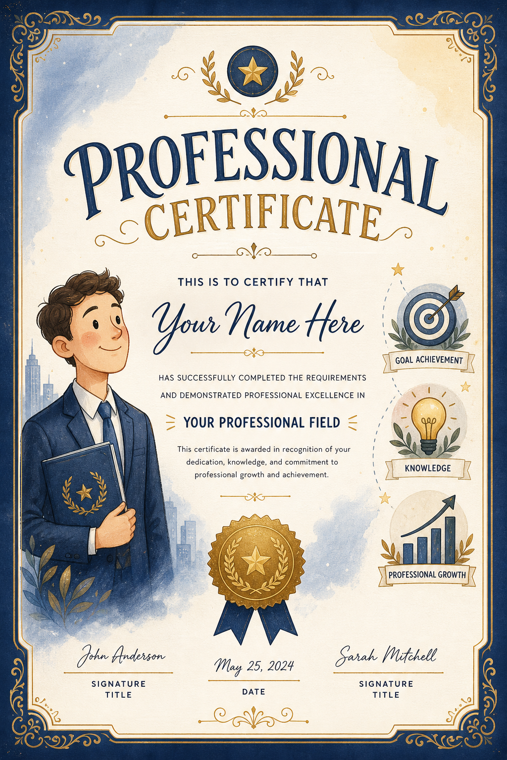 Professional Certificate — illustration style certificate, featuring corporate gradient, clean grid layout, professional palette