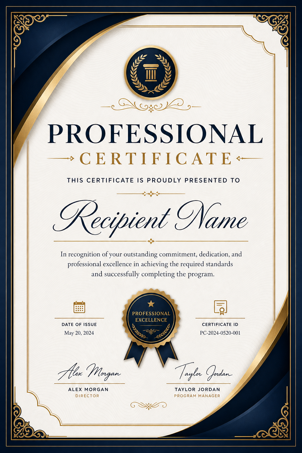 Professional Certificate — elegant style certificate, featuring corporate gradient, clean grid layout, professional palette