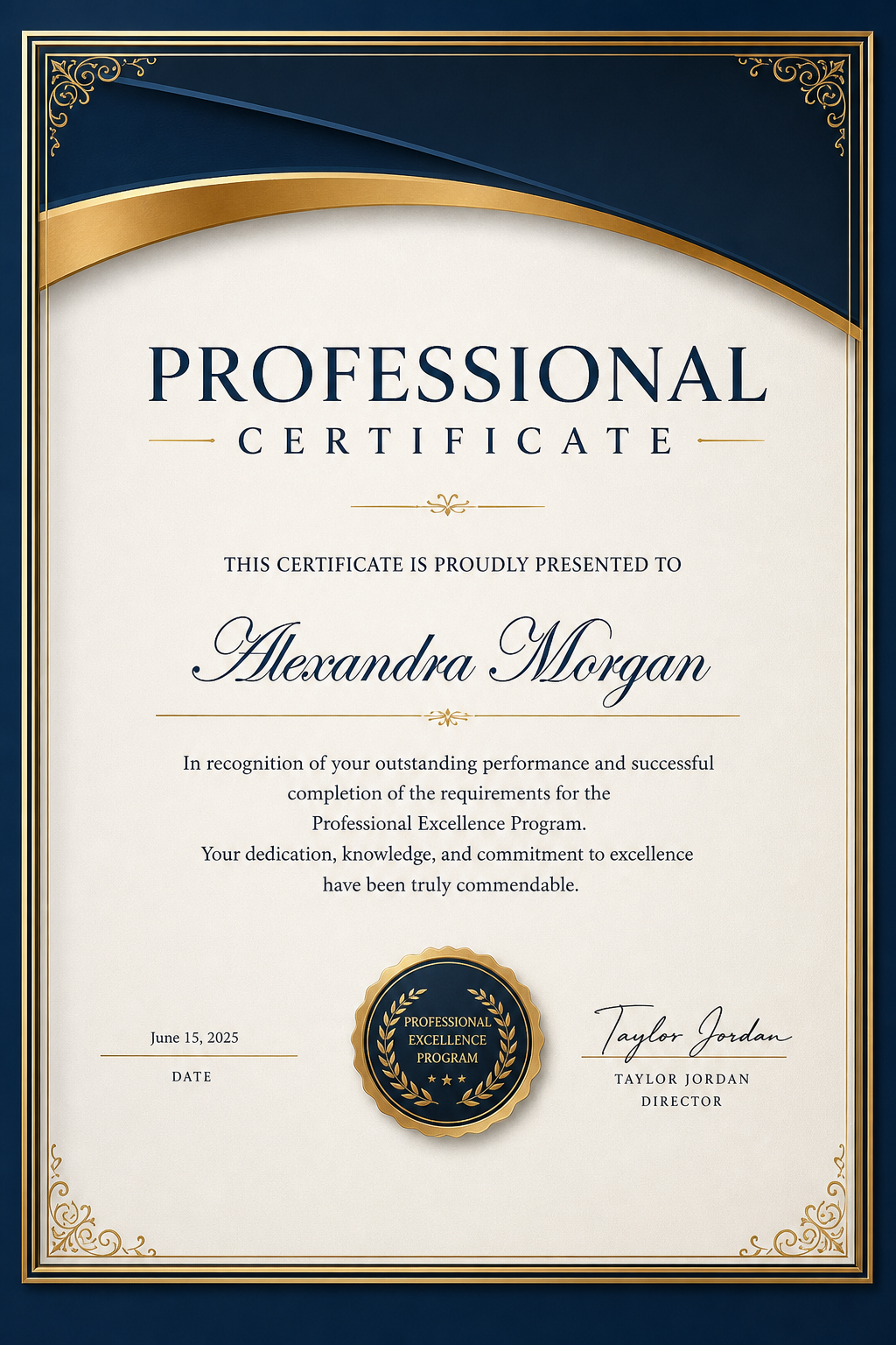 Professional Certificate — photo-realistic style certificate, featuring corporate gradient, clean grid layout, professional palette