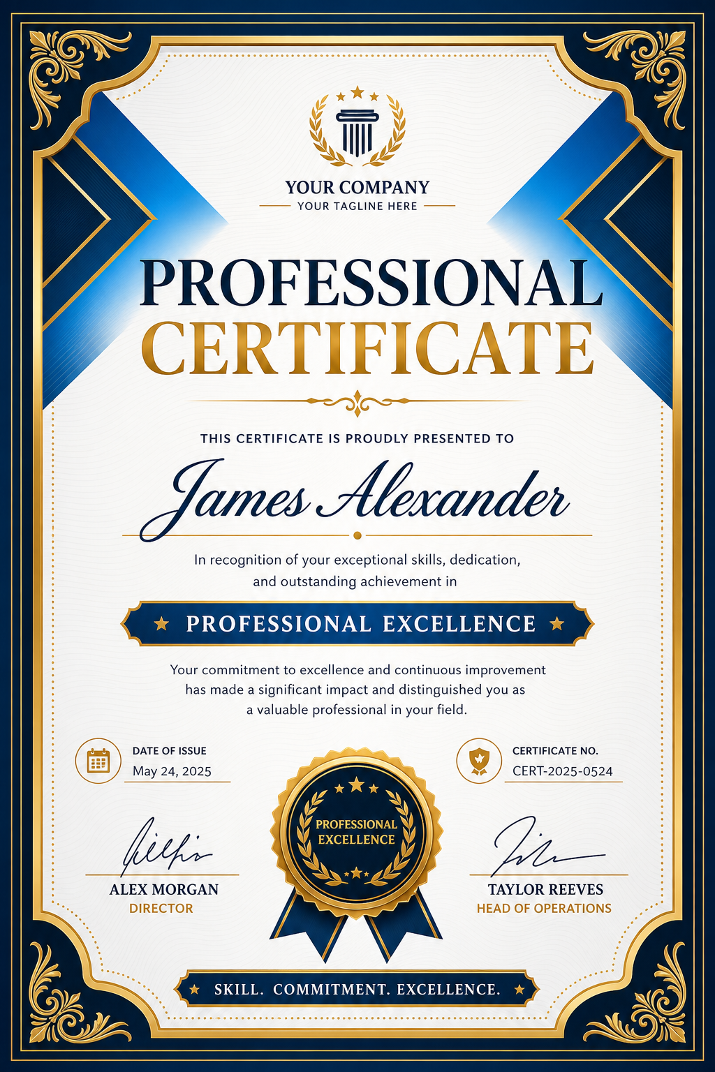 Professional Certificate — vibrant style certificate, featuring corporate gradient, clean grid layout, professional palette