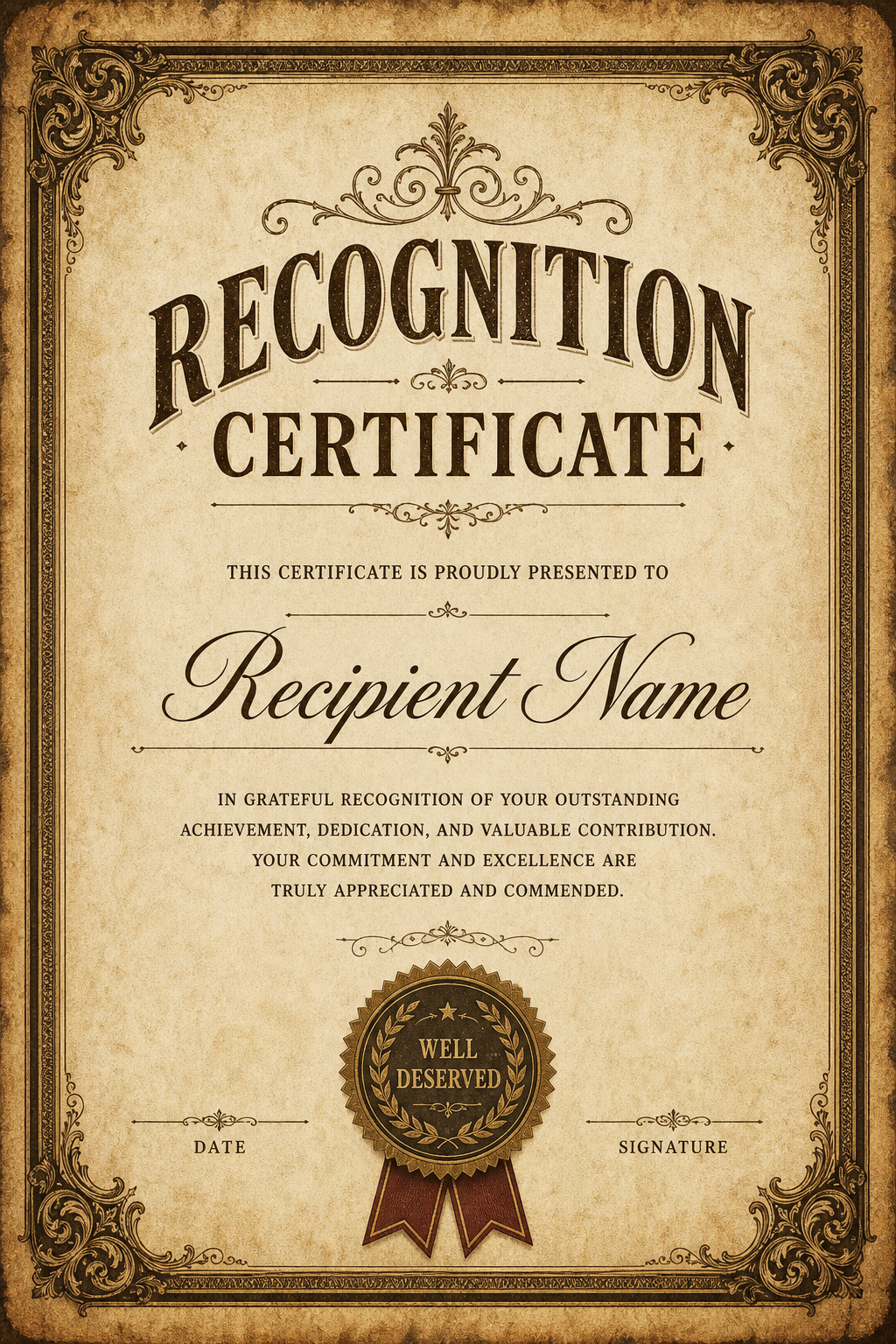Recognition Certificate — vintage style certificate