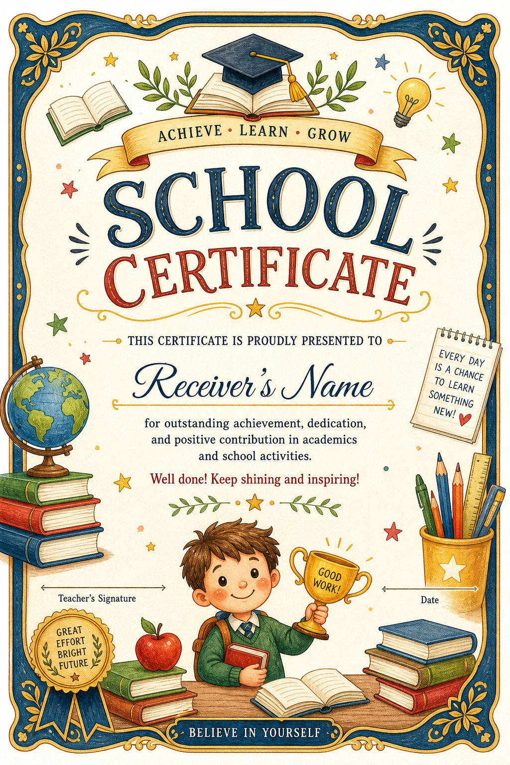 School Certificate — illustration style certificate