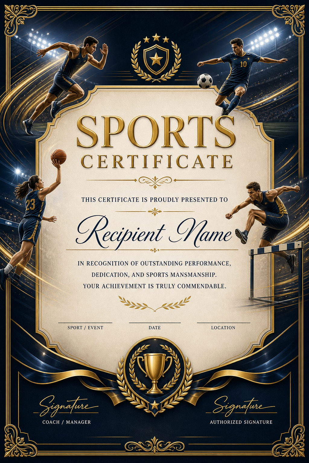 Sports Certificate — elegant style certificate, featuring athletic action poses, stadium imagery, dynamic motion lines