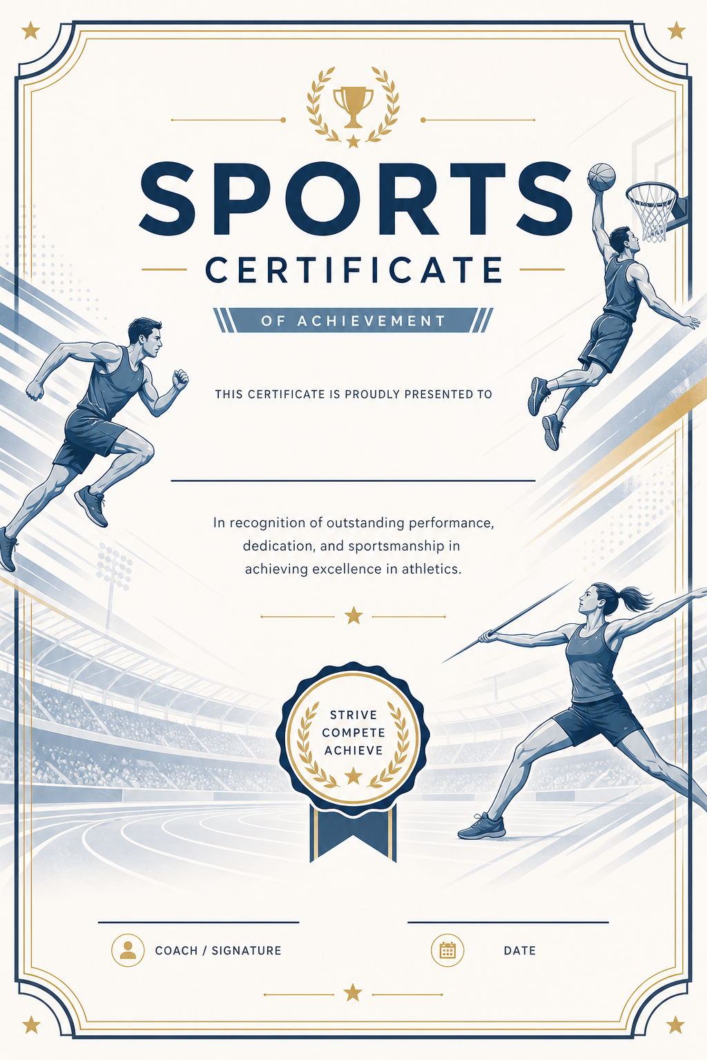 Sports Certificate — modern style certificate, featuring athletic action poses, stadium imagery, dynamic motion lines