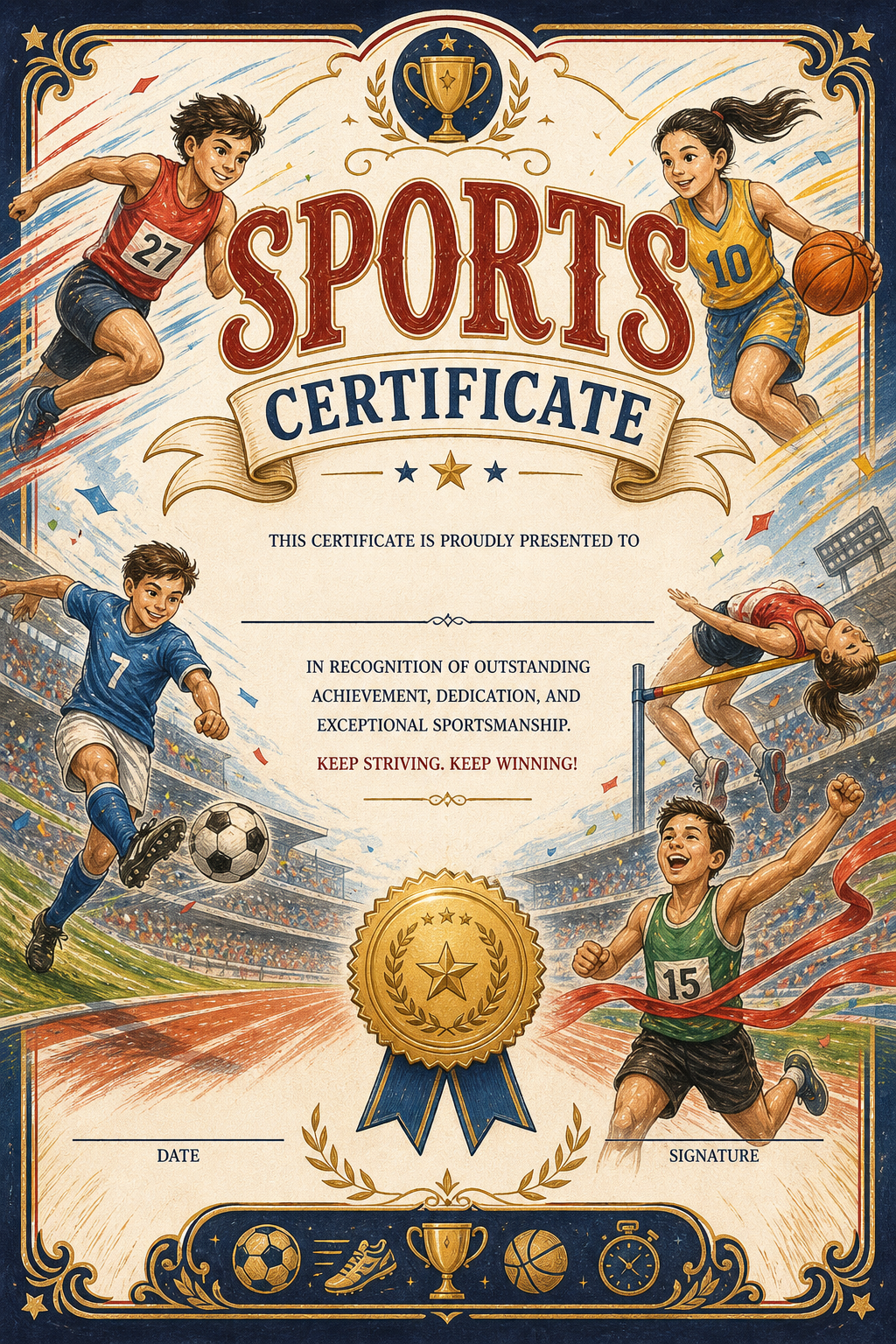 Sports Certificate — illustration style certificate, featuring athletic action poses, stadium imagery, dynamic motion lines