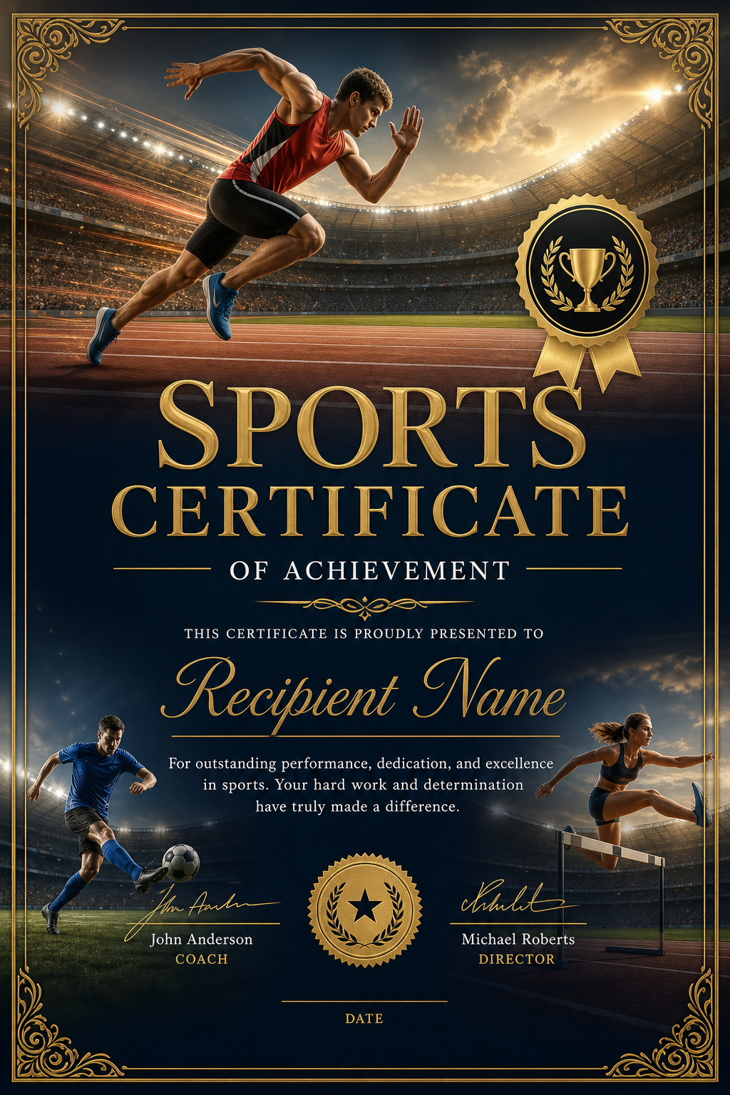 Sports Certificate — photo-realistic style certificate, featuring athletic action poses, stadium imagery, dynamic motion lines