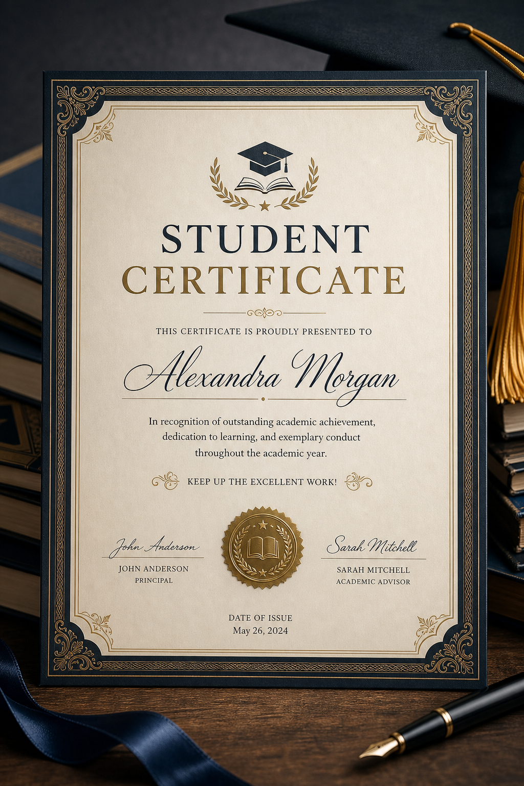 Student Certificate — photo-realistic style certificate