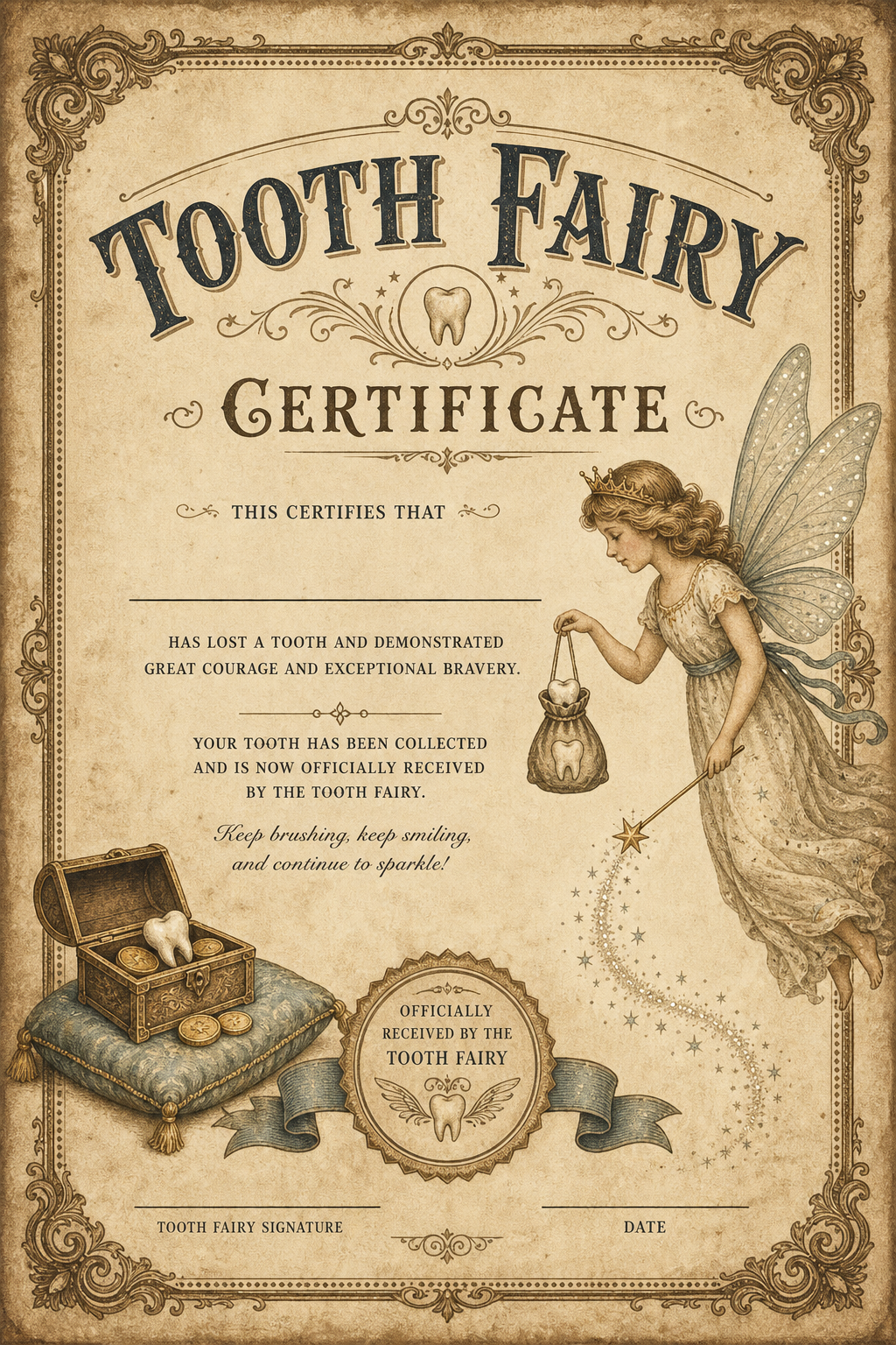 Tooth Fairy Certificate — vintage style certificate