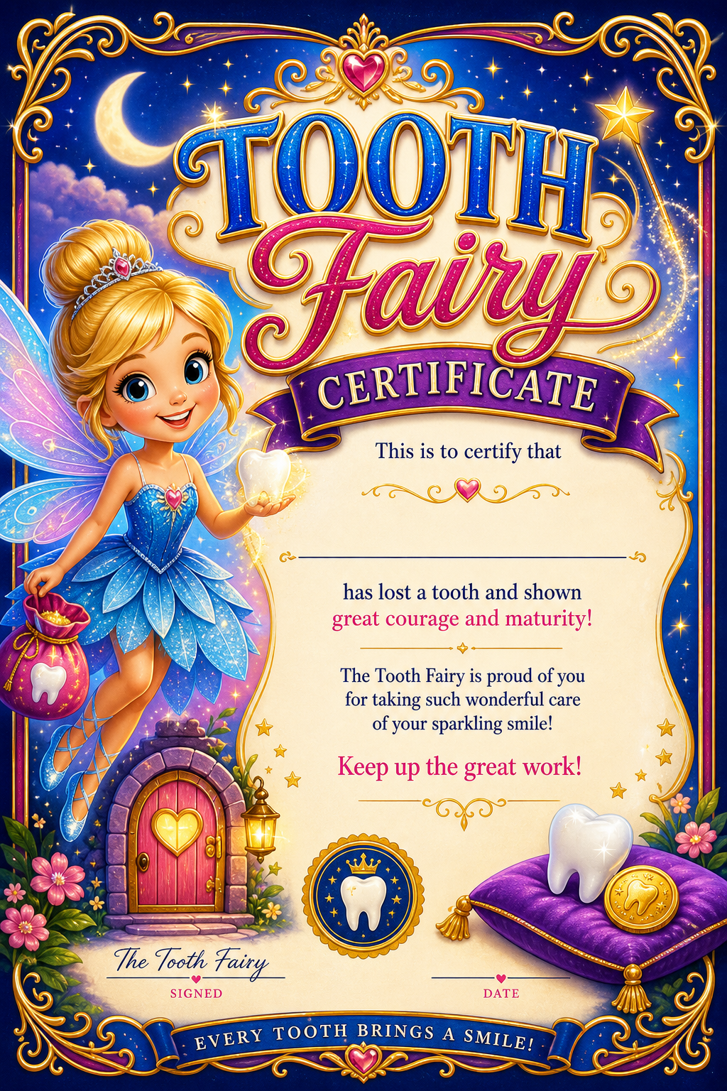 Tooth Fairy Certificate — vibrant style certificate