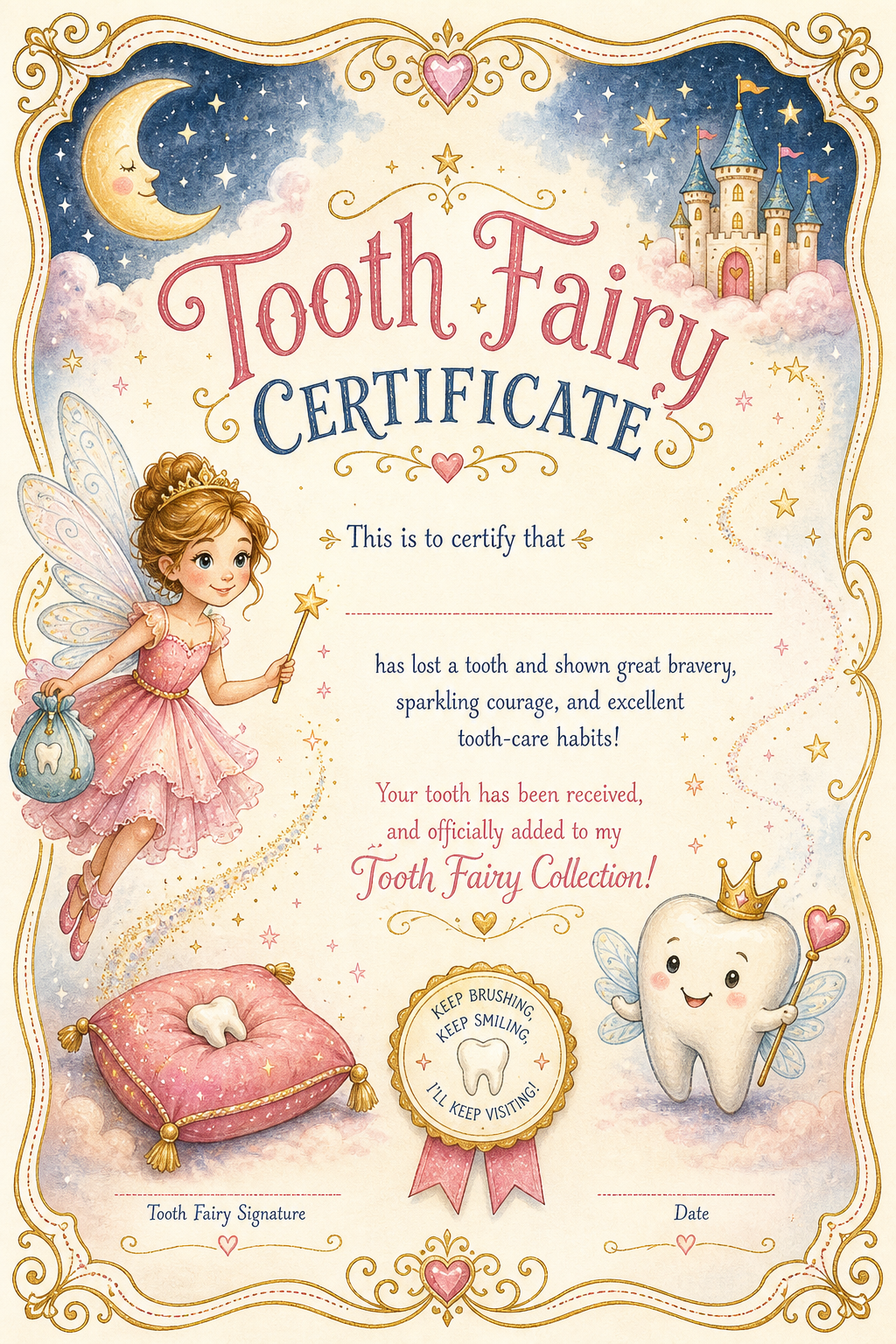 Tooth Fairy Certificate — illustration style certificate