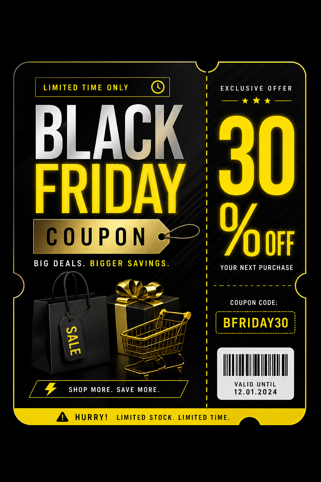 Black Friday Coupon — elegant style coupon, featuring bold black background, neon yellow accents, sale imagery, urgency typography