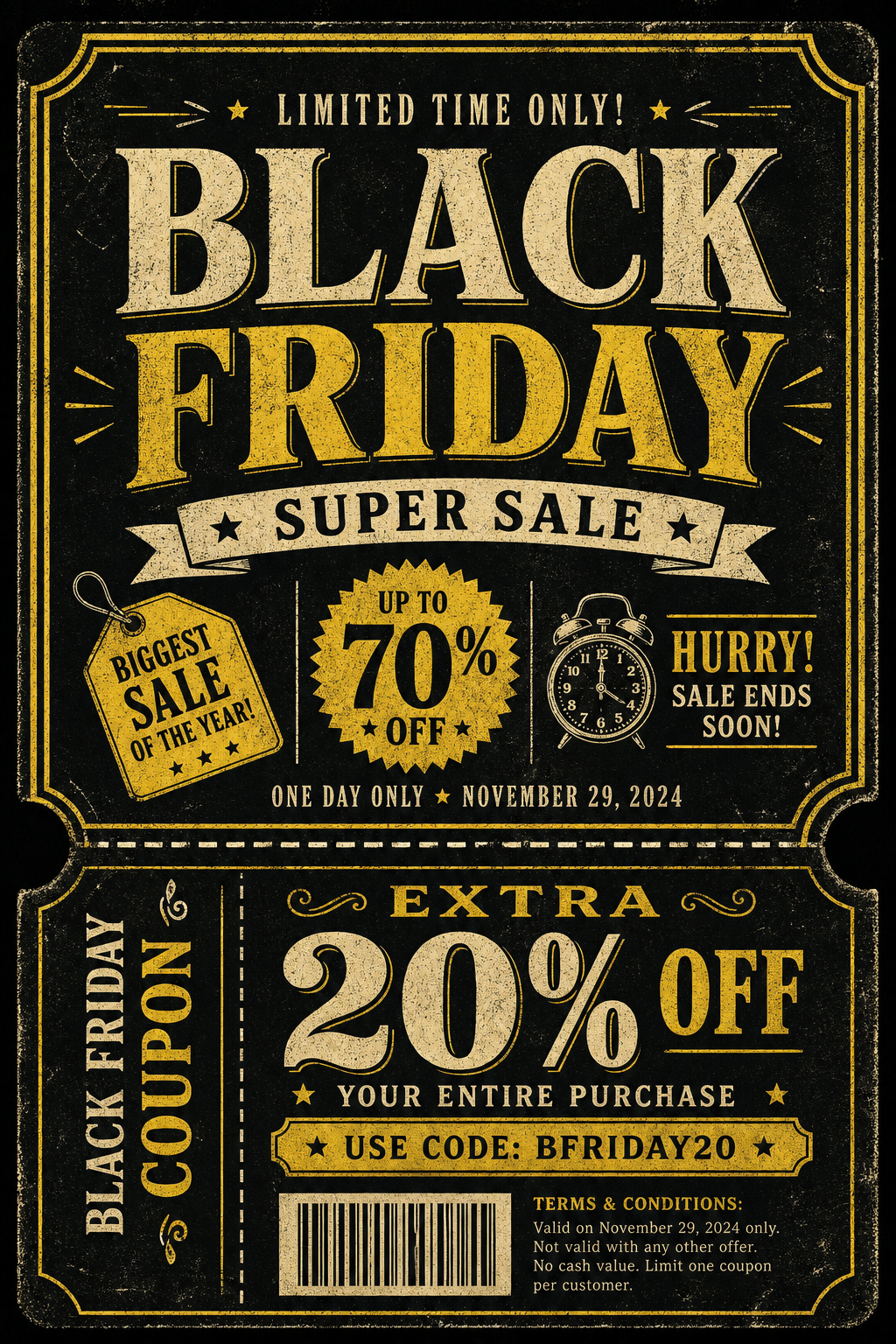Black Friday Coupon — vintage style coupon, featuring bold black background, neon yellow accents, sale imagery, urgency typography