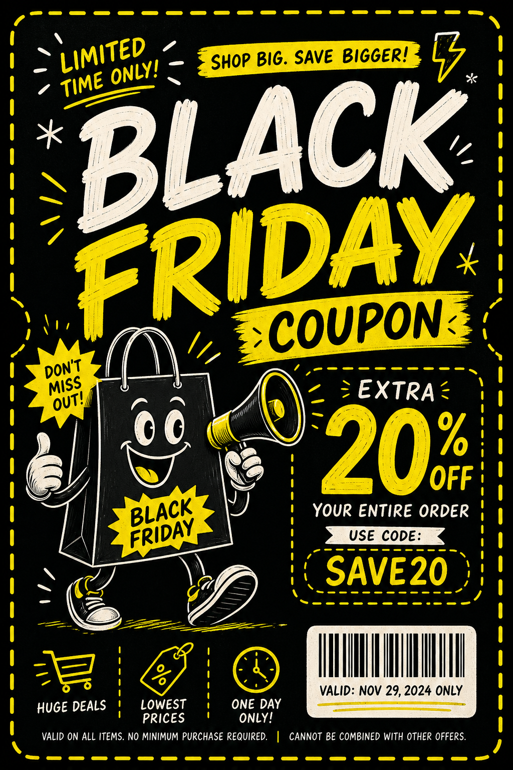 Black Friday Coupon — illustration style coupon, featuring bold black background, neon yellow accents, sale imagery, urgency typography