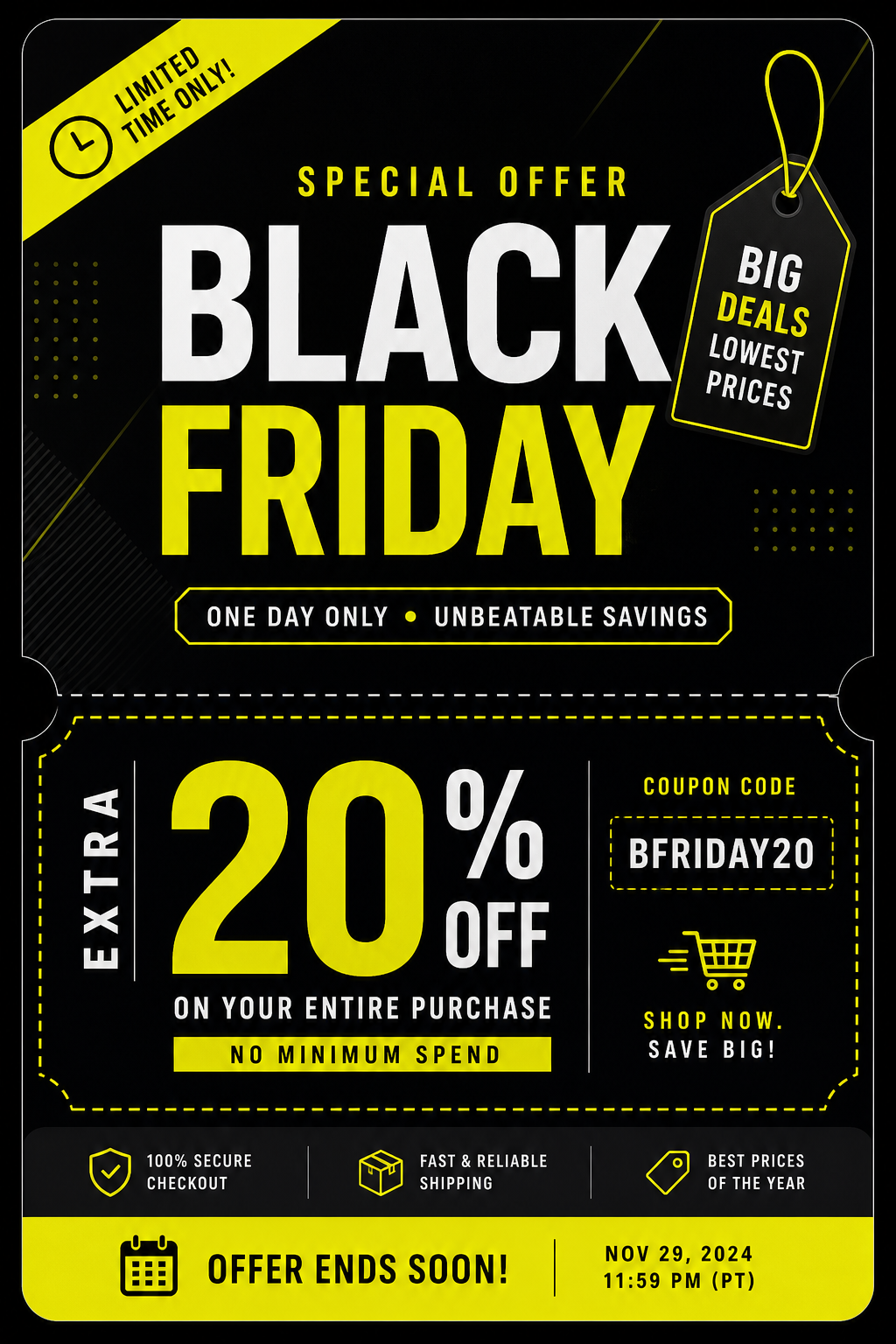 Black Friday Coupon — modern style coupon, featuring bold black background, neon yellow accents, sale imagery, urgency typography