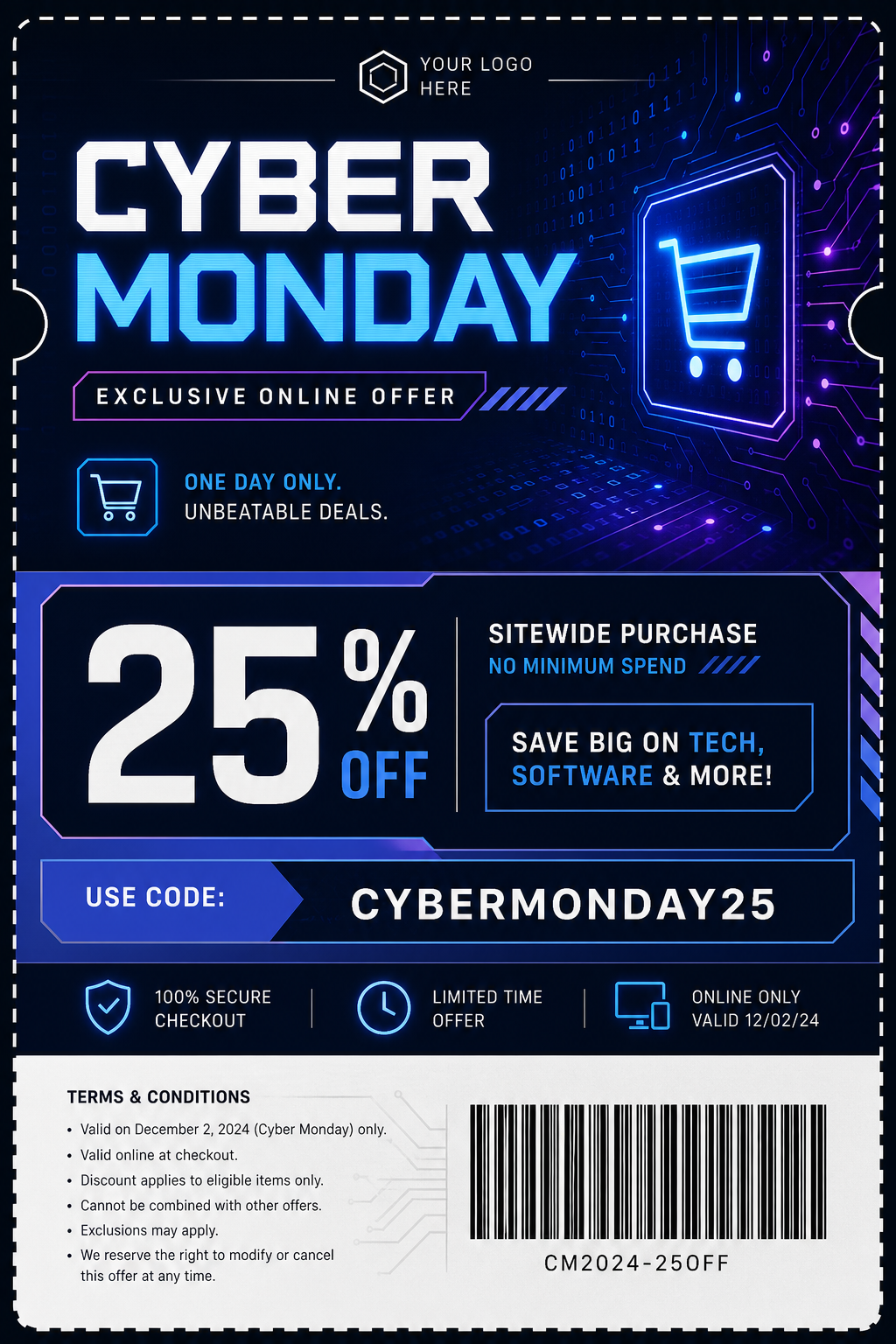 Cyber Monday Coupon — corporate style coupon, featuring digital tech imagery, neon blue/purple, code patterns, bold sale typography