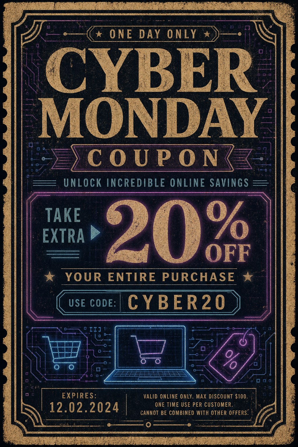 Cyber Monday Coupon — vintage style coupon, featuring digital tech imagery, neon blue/purple, code patterns, bold sale typography