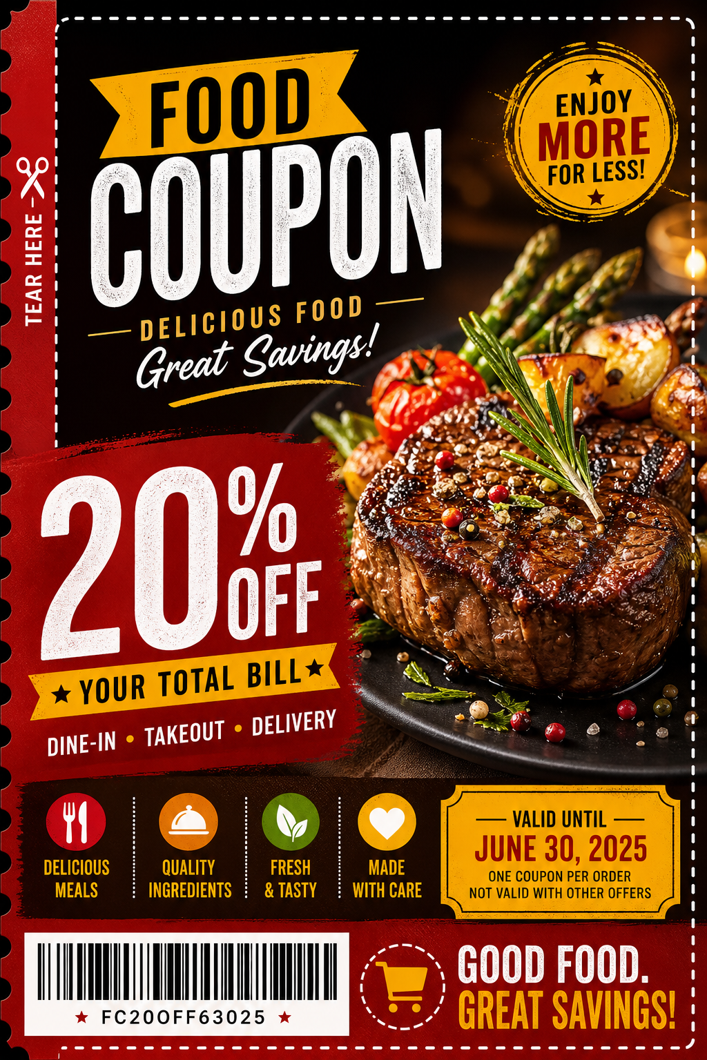 Food Coupon — vibrant style coupon, featuring gourmet dish photography, fresh ingredients, warm appetizing tones