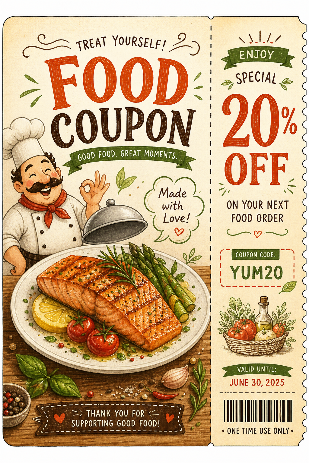 Food Coupon — illustration style coupon, featuring gourmet dish photography, fresh ingredients, warm appetizing tones