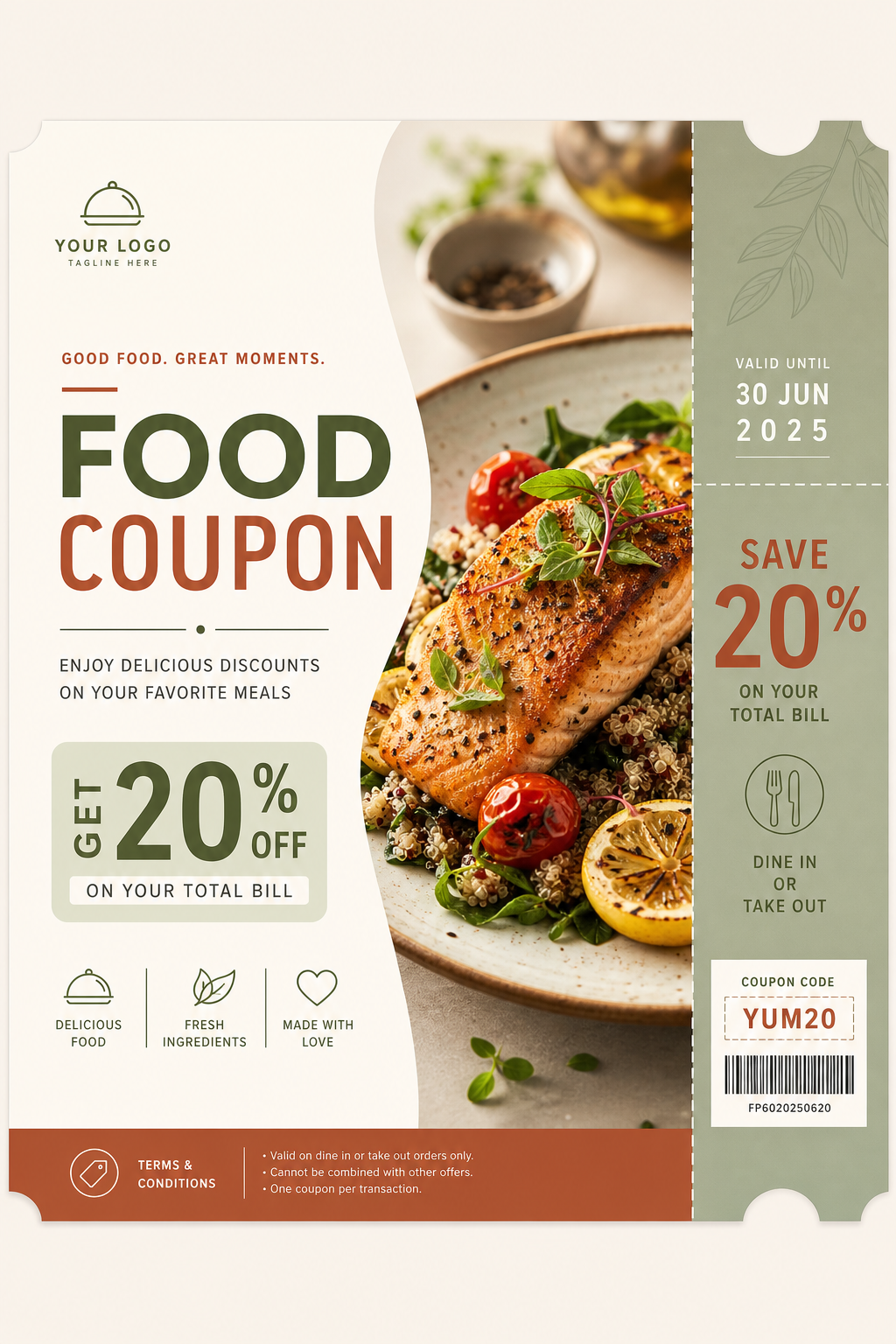 Food Coupon — modern style coupon, featuring gourmet dish photography, fresh ingredients, warm appetizing tones