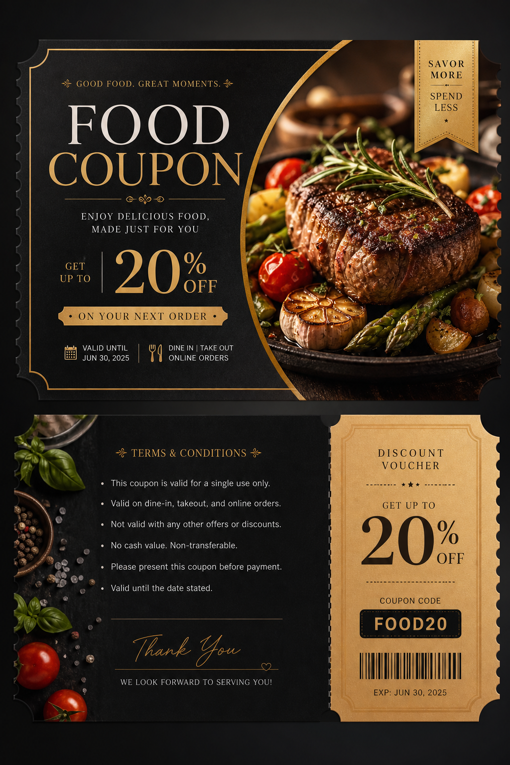 Food Coupon — elegant style coupon, featuring gourmet dish photography, fresh ingredients, warm appetizing tones