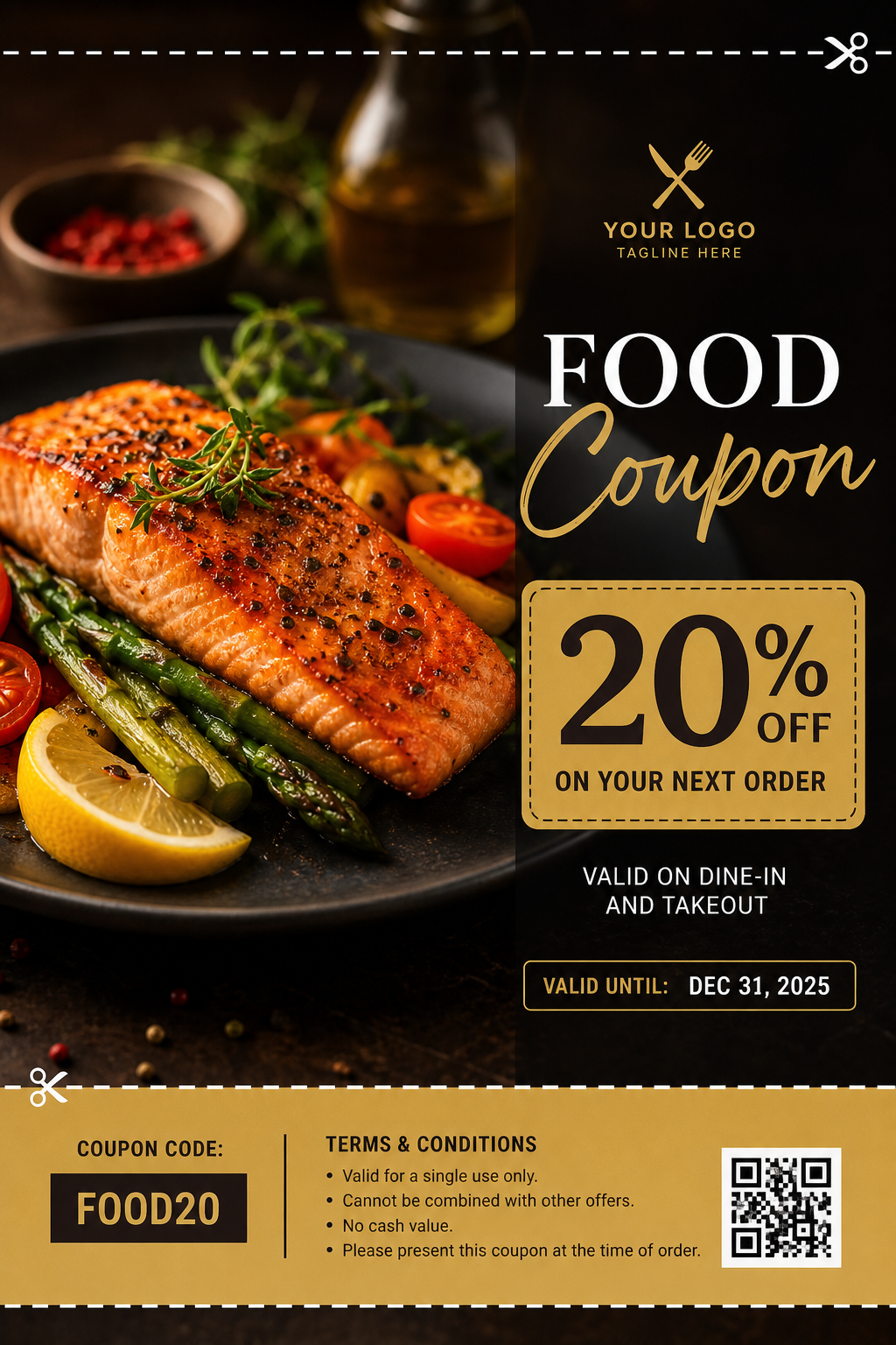 Food Coupon — photo-realistic style coupon, featuring gourmet dish photography, fresh ingredients, warm appetizing tones