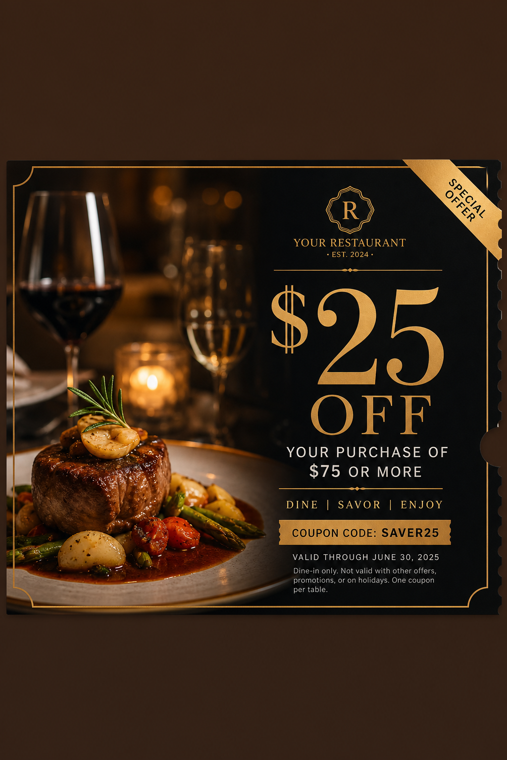 Restaurant Coupon — photo-realistic style coupon, featuring culinary imagery, fine dining, elegant typography, warm gold tones