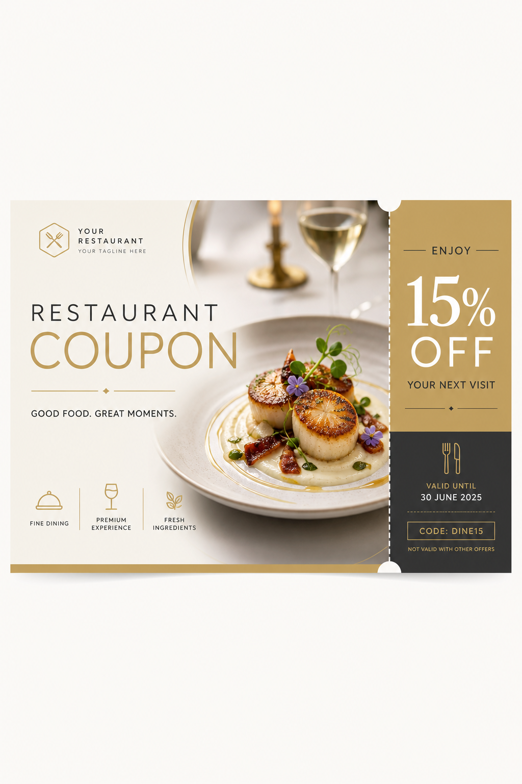 Restaurant Coupon — modern style coupon, featuring culinary imagery, fine dining, elegant typography, warm gold tones