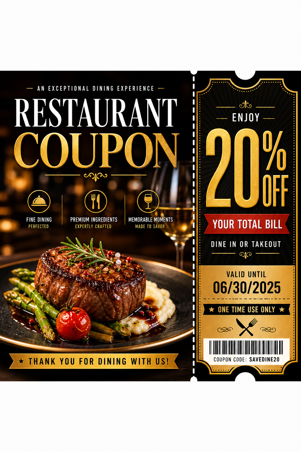 Restaurant Coupon — vibrant style coupon, featuring culinary imagery, fine dining, elegant typography, warm gold tones