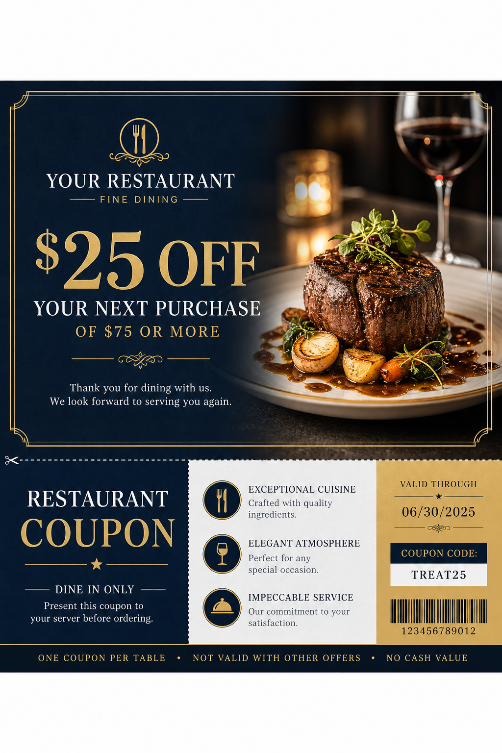 Restaurant Coupon — corporate style coupon, featuring culinary imagery, fine dining, elegant typography, warm gold tones