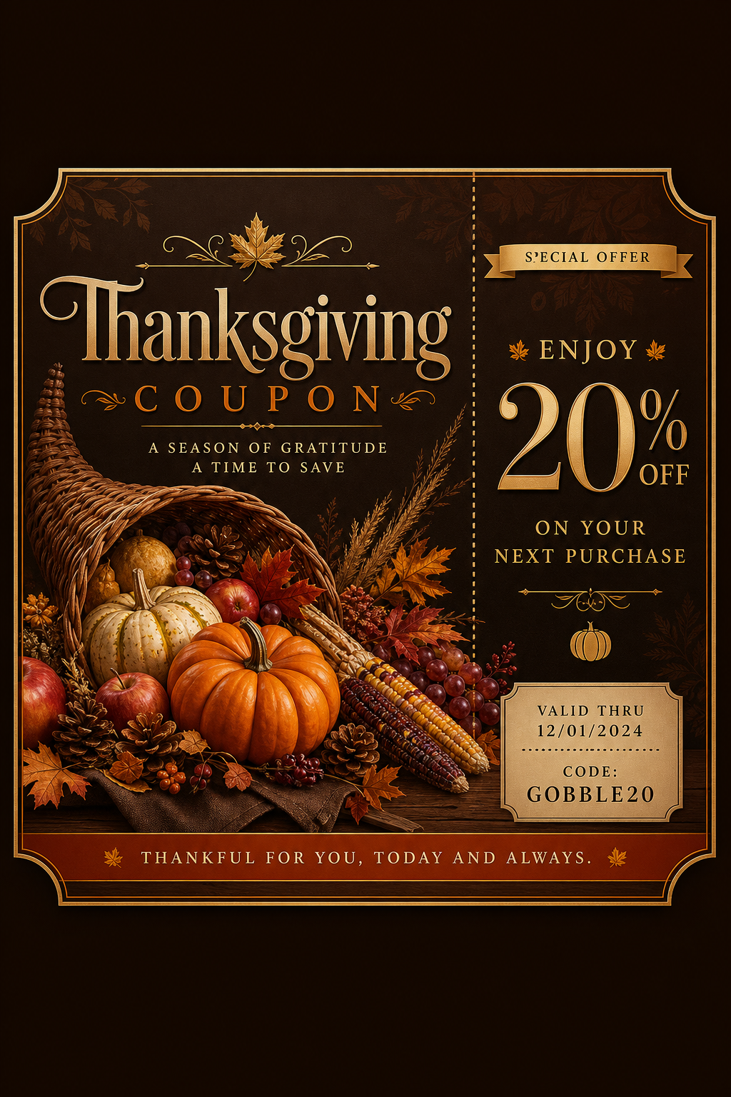 Thanksgiving Coupon — elegant style coupon, featuring autumn harvest, pumpkins, fall leaves, warm browns and oranges, cornucopia