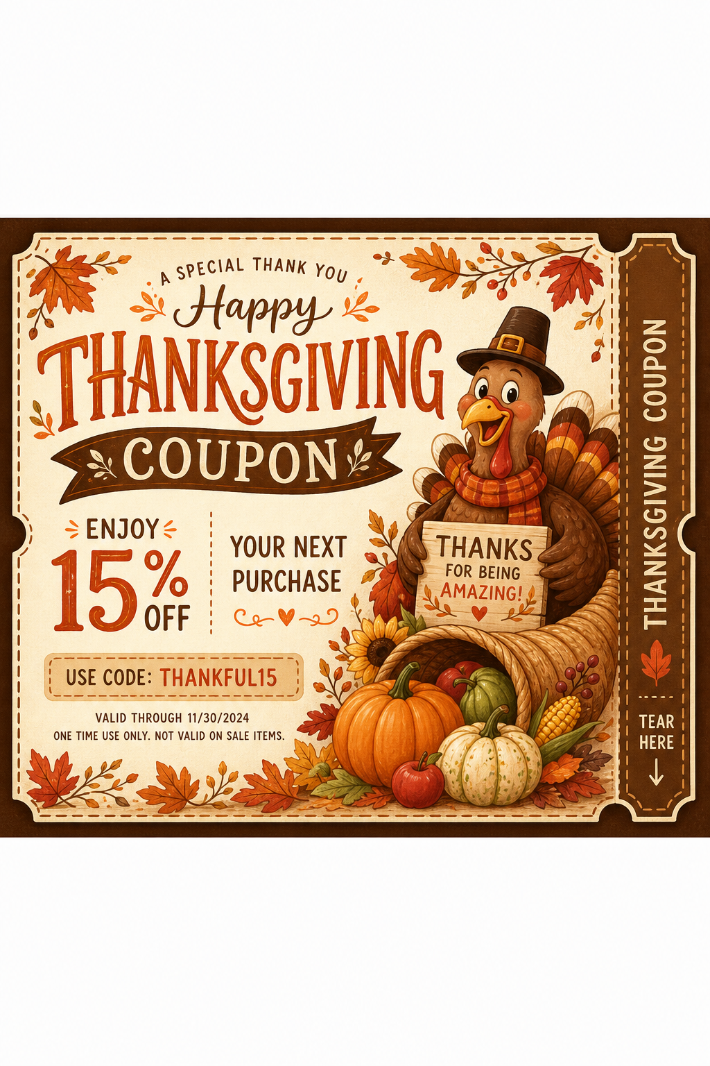 Thanksgiving Coupon — illustration style coupon, featuring autumn harvest, pumpkins, fall leaves, warm browns and oranges, cornucopia
