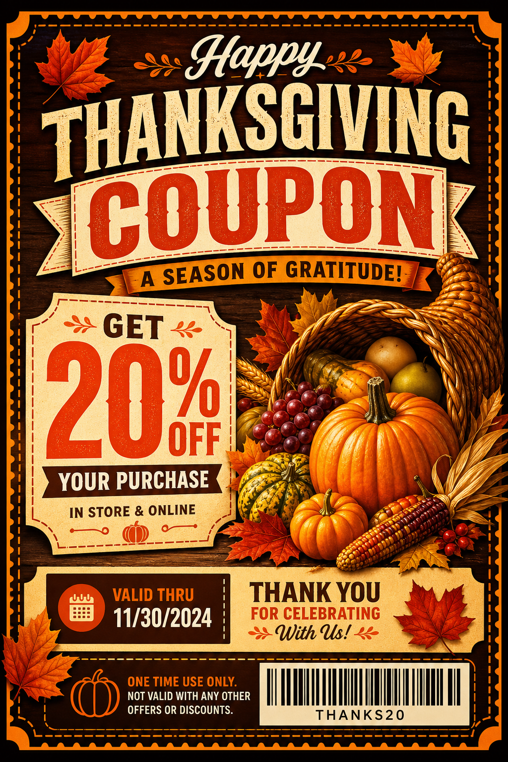 Thanksgiving Coupon — vibrant style coupon, featuring autumn harvest, pumpkins, fall leaves, warm browns and oranges, cornucopia