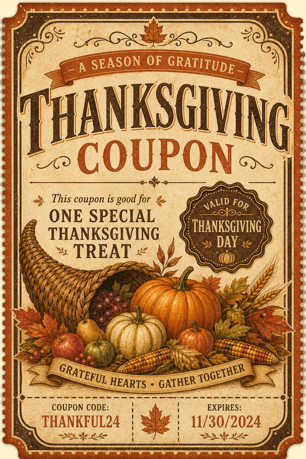 Thanksgiving Coupon — vintage style coupon, featuring autumn harvest, pumpkins, fall leaves, warm browns and oranges, cornucopia