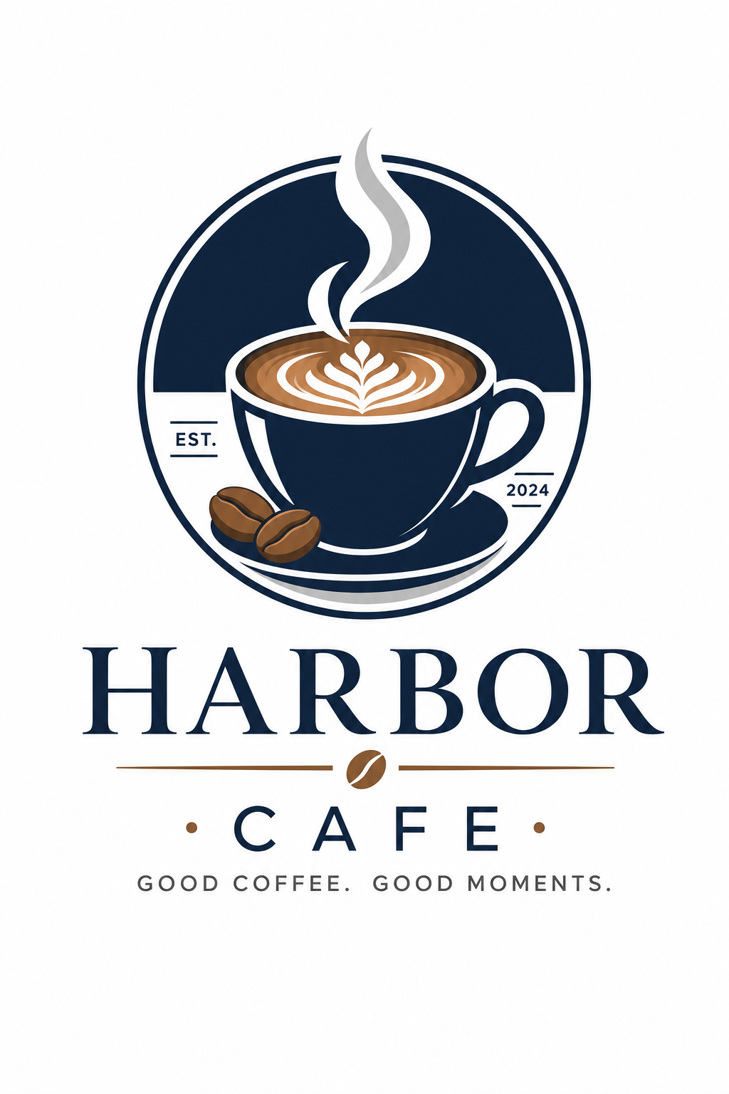 Cafe Logo — corporate style favicon design, featuring coffee cup with steam, beans, latte art, warm browns, cozy atmosphere