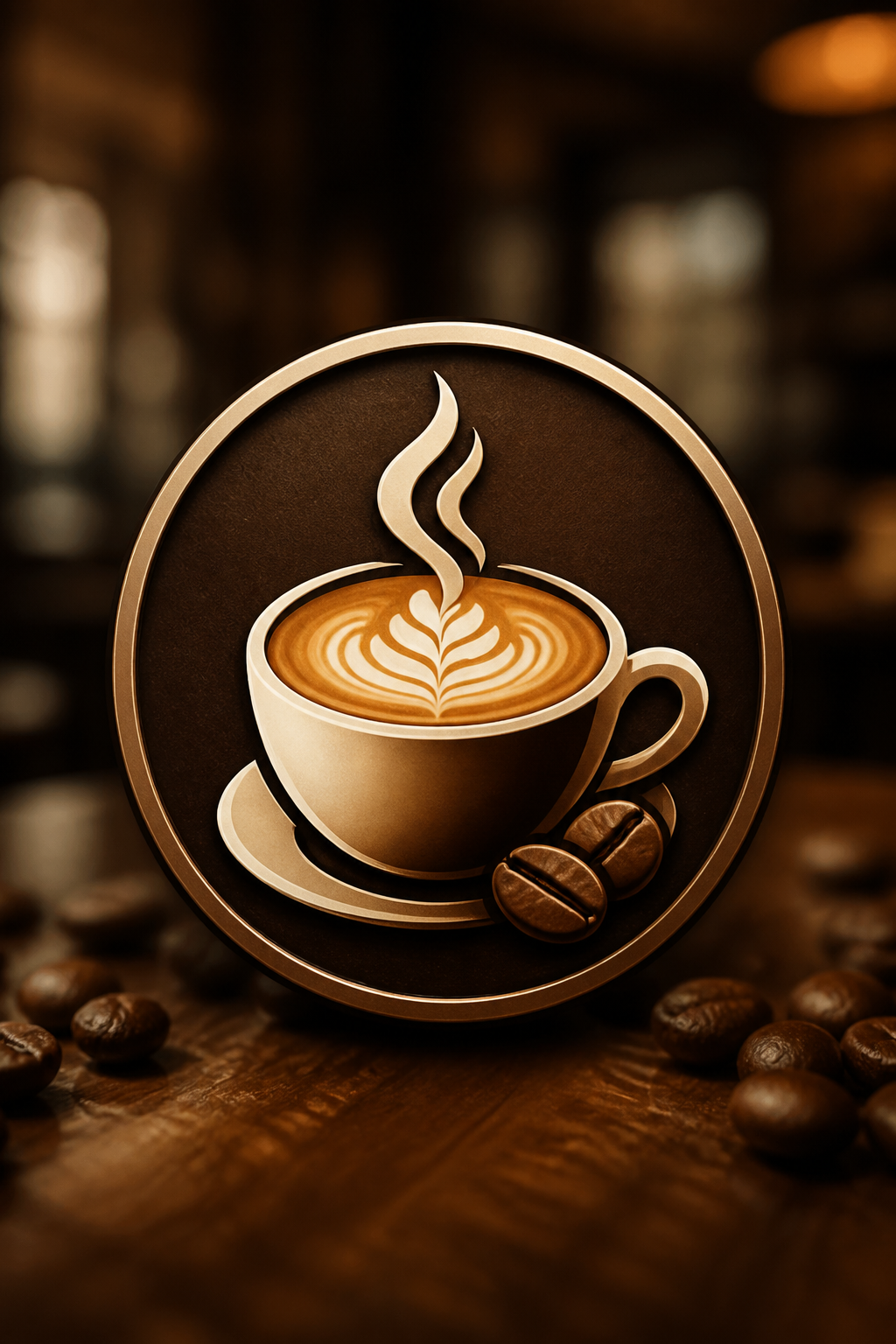 Cafe Logo — photo-realistic style favicon design, featuring coffee cup with steam, beans, latte art, warm browns, cozy atmosphere