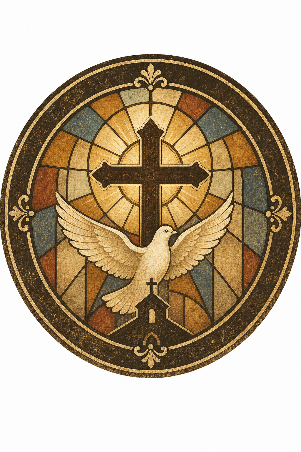 Church Favicon — vintage style favicon design, featuring cross, stained glass, dove, warm divine palette