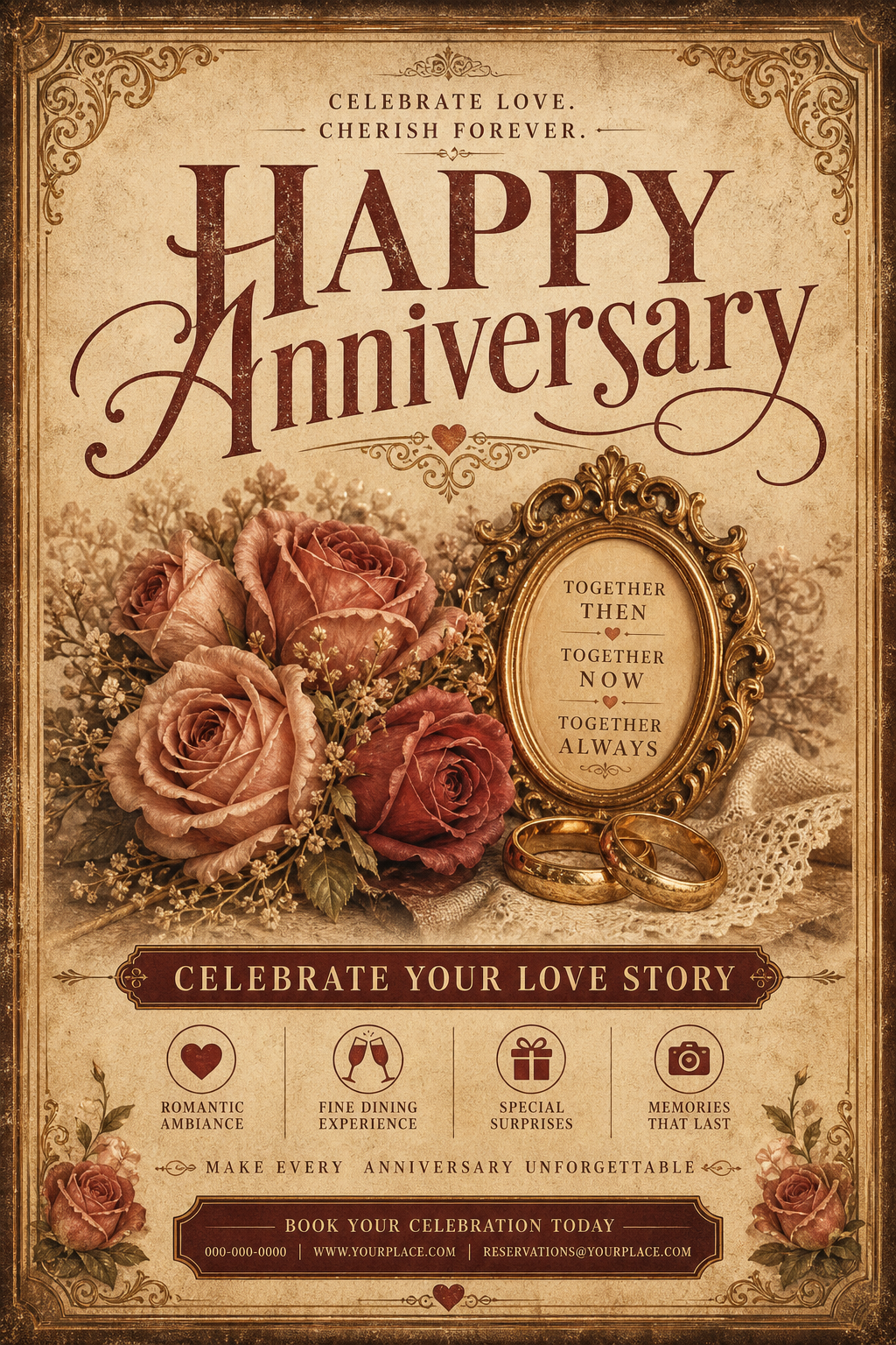 Anniversary Flyer — vintage style flyer, featuring romantic florals, gold accents, elegant typography, soft warm lighting
