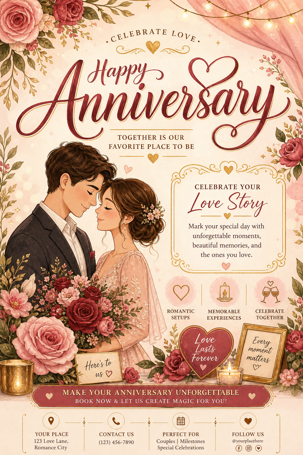 Anniversary Flyer — illustration style flyer, featuring romantic florals, gold accents, elegant typography, soft warm lighting