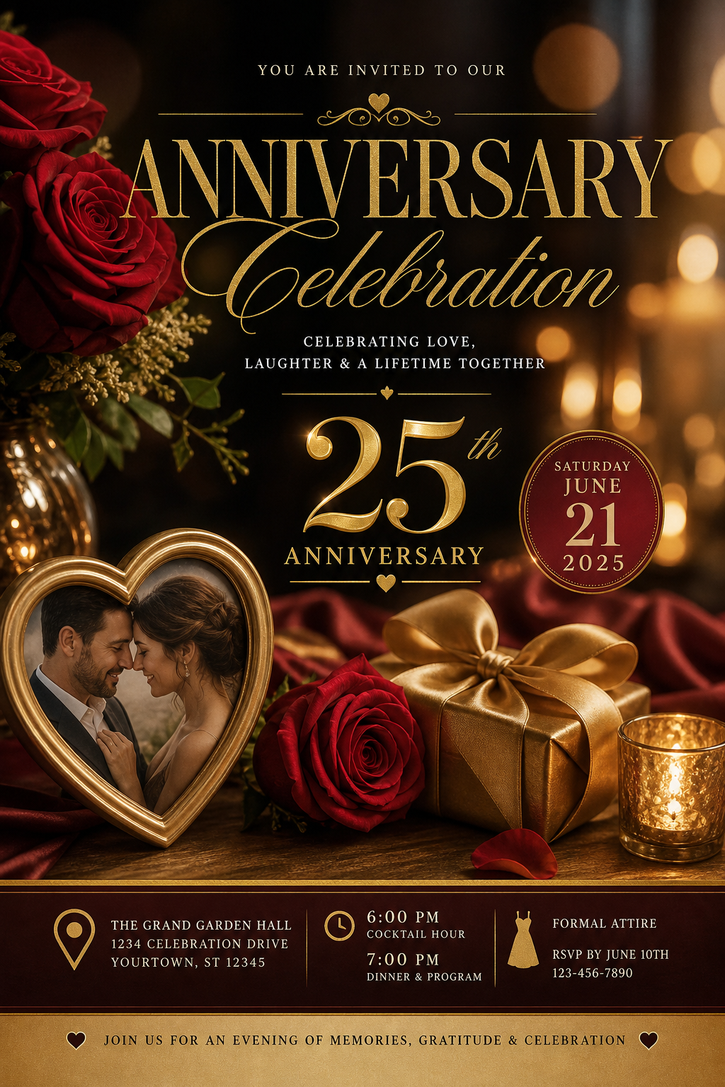 Anniversary Flyer — photo-realistic style flyer, featuring romantic florals, gold accents, elegant typography, soft warm lighting