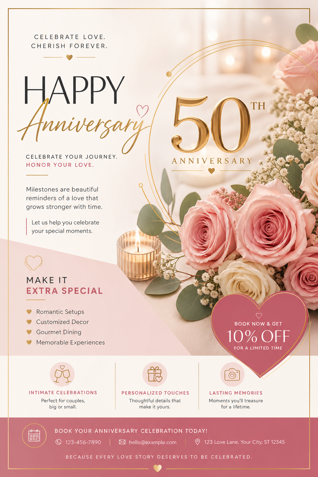 Anniversary Flyer — modern style flyer, featuring romantic florals, gold accents, elegant typography, soft warm lighting