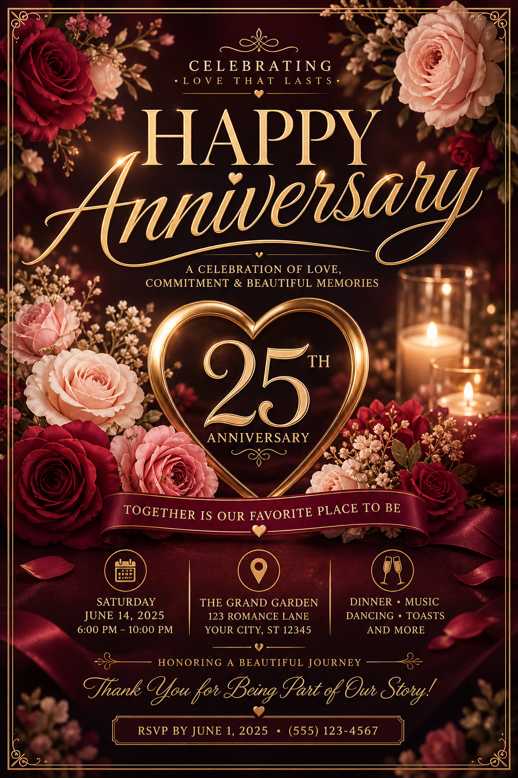 Anniversary Flyer — elegant style flyer, featuring romantic florals, gold accents, elegant typography, soft warm lighting
