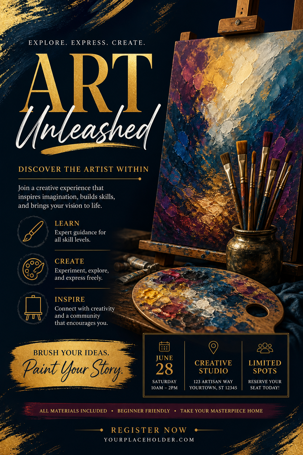 Art Flyer — elegant style flyer, featuring paintbrushes, palette, canvas, creative imagery